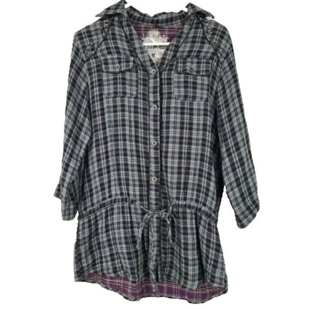 Vintage SILVER Jeans Womens Shirt Size Medium Gray Plaid Studded Western Y2K